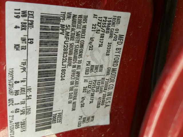 5LMFU28R32LJ18034 - 2002 LINCOLN NAVIGATOR Czerwony zdjęcie 10