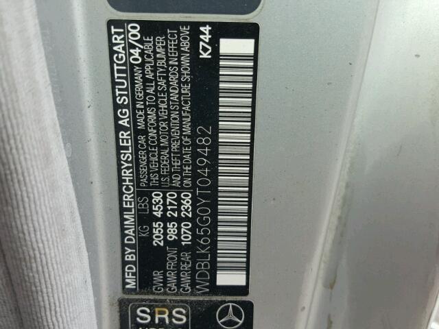 WDBLK65G0YT049482 - 2000 MERCEDES-BENZ CLK 320 SILVER photo 10