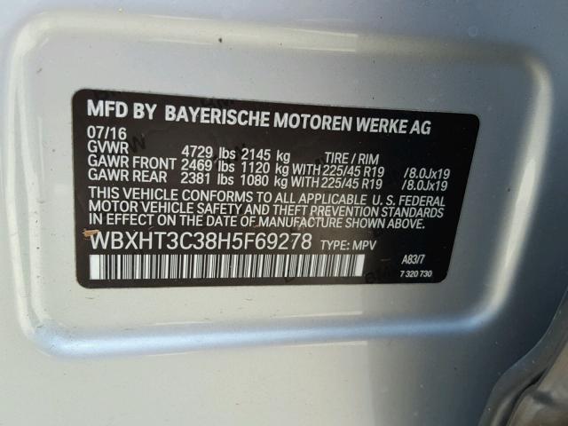 WBXHT3C38H5F69278 - 2017 BMW X1 XDRIVE2 Silber Foto 10