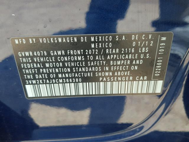 3VW2K7AJ9CM366380 - 2012 VOLKSWAGEN JETTA BASE 蓝色 照片 10