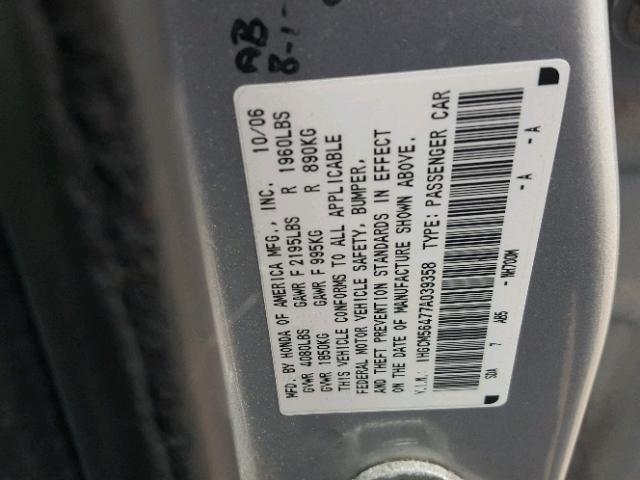 1HGCM56477A039358 - 2007 HONDA ACCORD LX SILVER photo 10