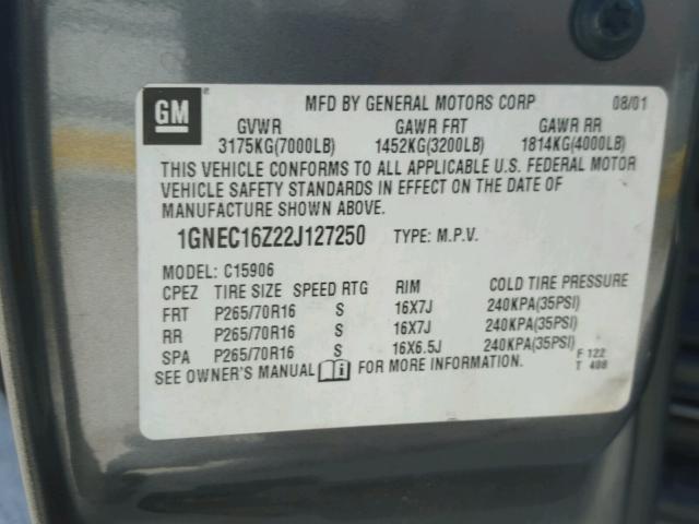 1GNEC16Z22J127250 - 2002 CHEVROLET SUBURBAN C GRAY photo 10