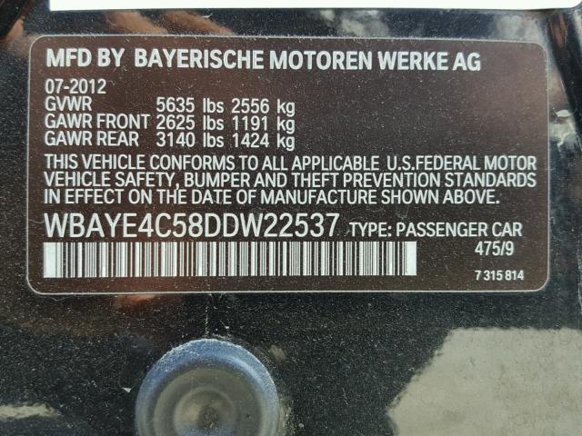 WBAYE4C58DDW22537 - 2013 BMW 740 LI BLACK photo 10
