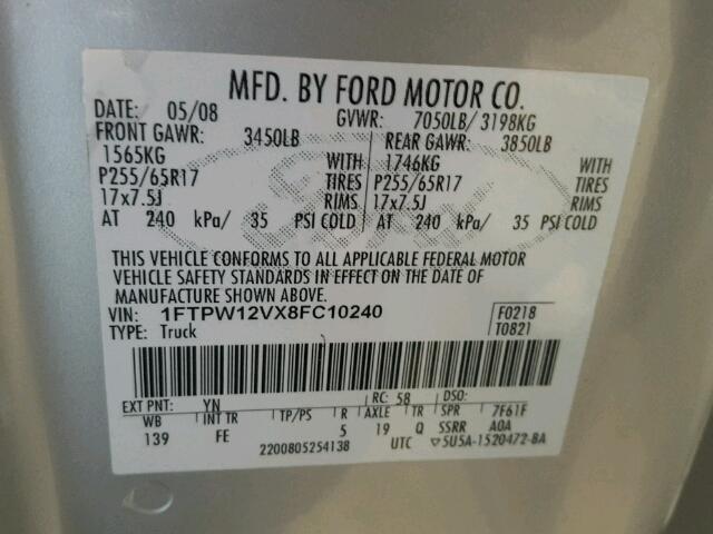 1FTPW12VX8FC10240 - 2008 FORD F150 SUPER GRAY photo 10