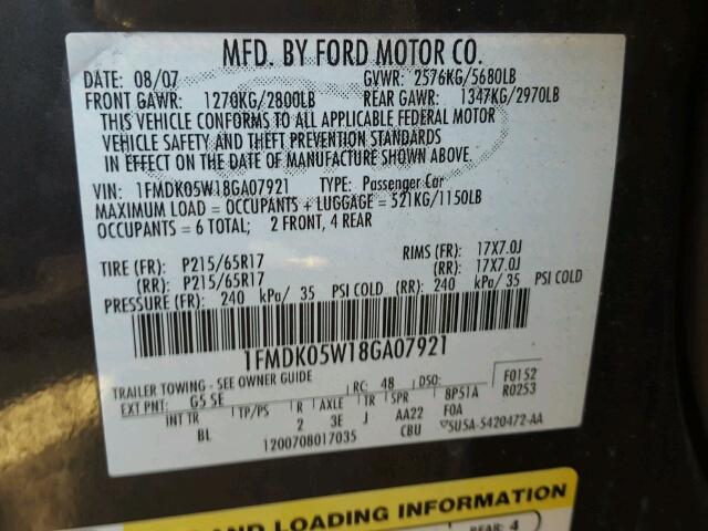 1FMDK05W18GA07921 - 2008 FORD TAURUS X S GRAY photo 10