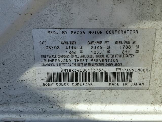 JM1BK34L881137542 - 2008 MAZDA SPEED 3 白色 照片 10
