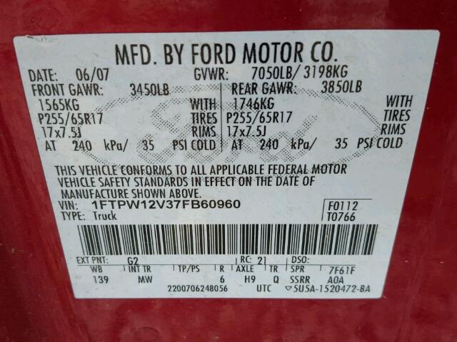 1FTPW12V37FB60960 - 2007 FORD F150 MAROON photo 10