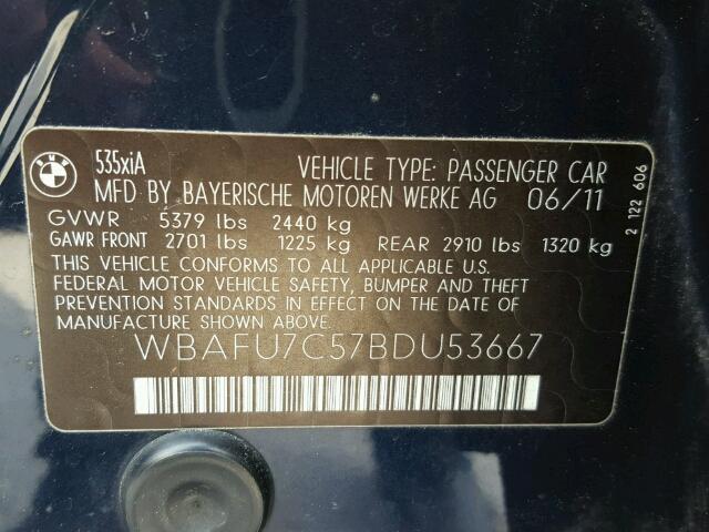 WBAFU7C57BDU53667 - 2011 BMW 535 XI Կապույտ լուսանկար 10