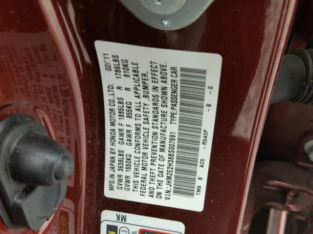 JHMZE2H38BS007691 - 2011 HONDA INSIGHT BURGUNDY photo 10