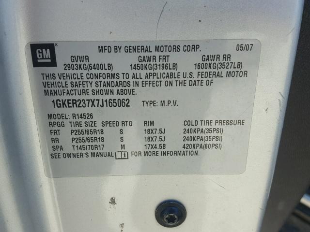 1GKER237X7J165062 - 2007 GMC ACADIA SLT 银色 照片 10