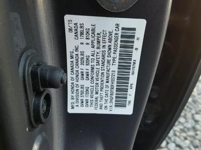 2HGFB2F90FH557213 - 2015 HONDA CIVIC EXL GRAY photo 10