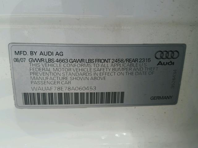 WAUAF78E78A060453 - 2008 AUDI A4 2.0T WHITE photo 10