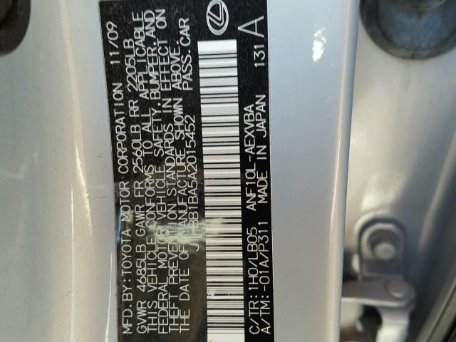 JTHBB1BA5A2015452 - 2010 LEXUS HS 250H GRAY photo 10