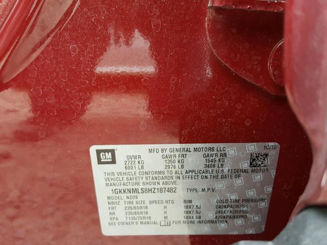 1GKKNMLS8HZ187482 - 2017 GMC ACADIA SLT ბურგუნდია ფოტო 10