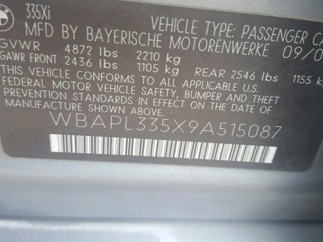 WBAPL335X9A515087 - 2009 BMW 335 XI GRAY photo 10