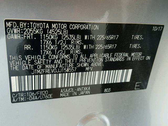 JTMZFREV0JJ158557 - 2018 TOYOTA RAV4 LE SILVER photo 10