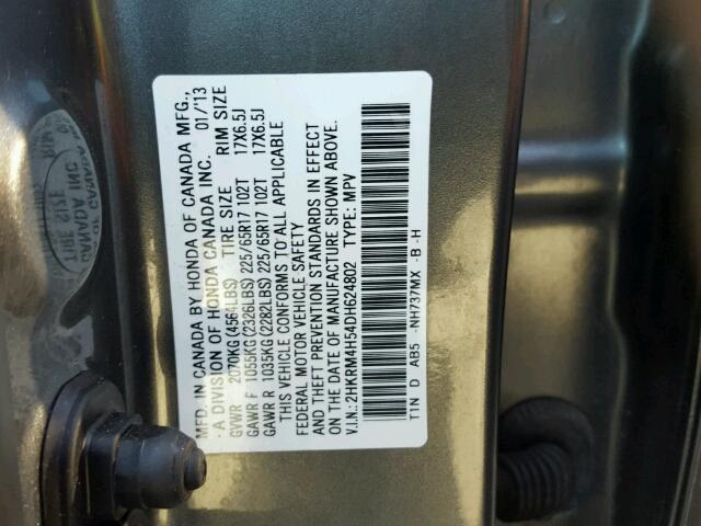 2HKRM4H54DH624802 - 2013 HONDA CR-V EX GRAY photo 10