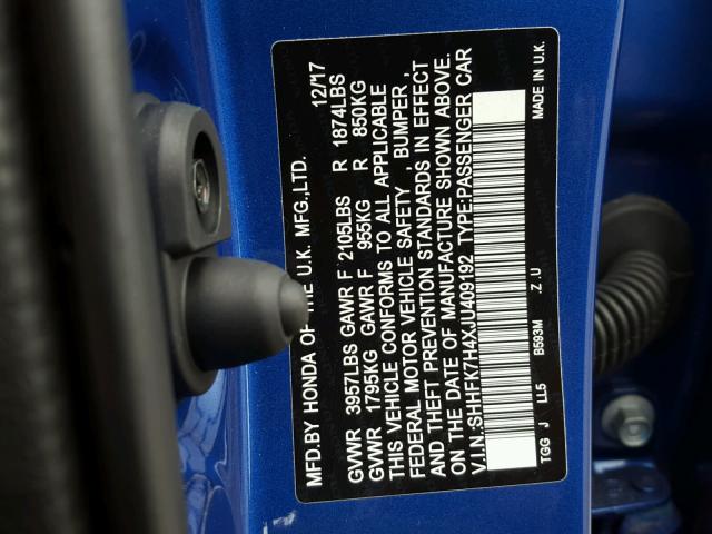 SHHFK7H4XJU409192 - 2018 HONDA CIVIC SPOR BLUE photo 10