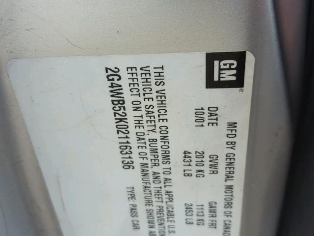 2G4WB52K021163136 - 2002 BUICK REGAL LS 银色 照片 10