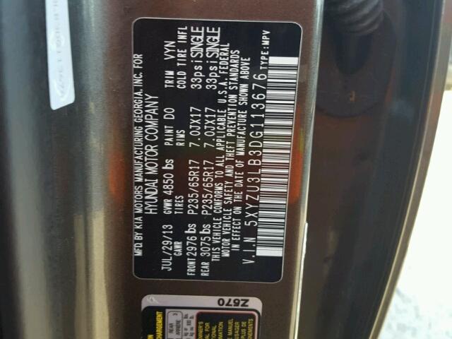 5XYZU3LB3DG113676 - 2013 HYUNDAI SANTA FE S GRAY photo 10