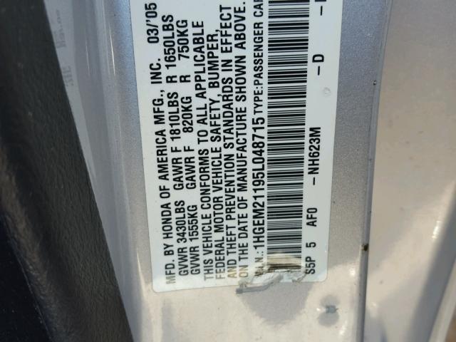 1HGEM21195L048715 - 2005 HONDA CIVIC DX V GRAY photo 10