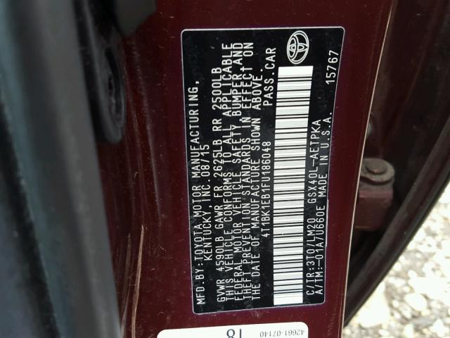 4T1BK1EB1FU186048 - 2015 TOYOTA AVALON XLE BURGUNDY photo 10