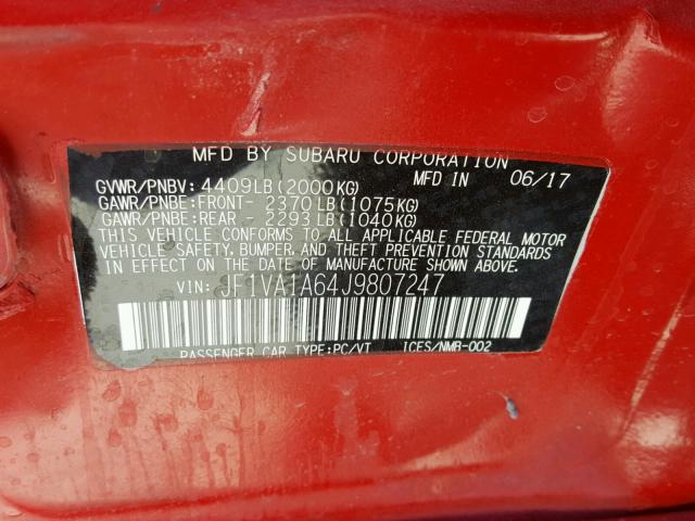 JF1VA1A64J9807247 - 2018 SUBARU WRX RED photo 10