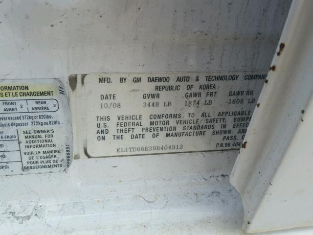 KL1TD66E39B404913 - 2009 CHEVROLET AVEO LS WHITE photo 10