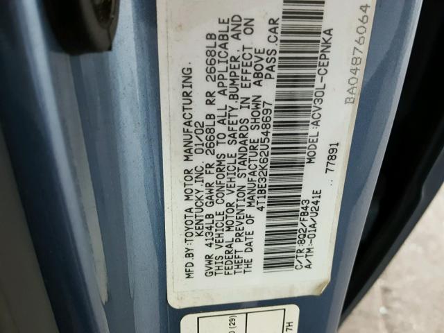 4T1BE32K62U548697 - 2002 TOYOTA CAMRY LE ლურჯი ფოტო 10