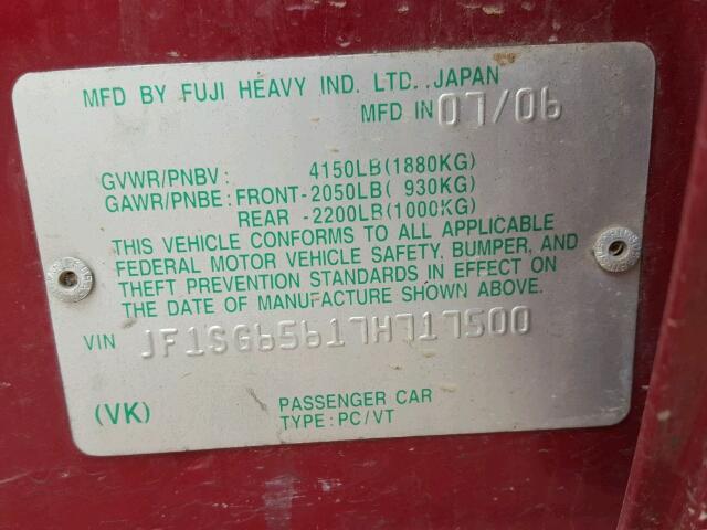 JF1SG65617H717500 - 2007 SUBARU FORESTER 2 RED photo 10