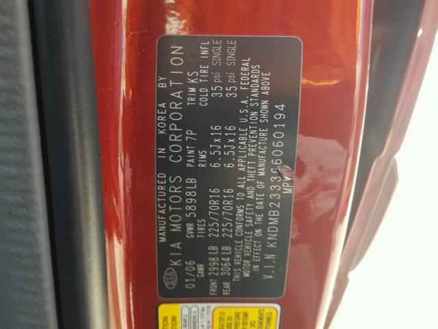 KNDMB233366060194 - 2006 KIA SEDONA EX BURGUNDY photo 10