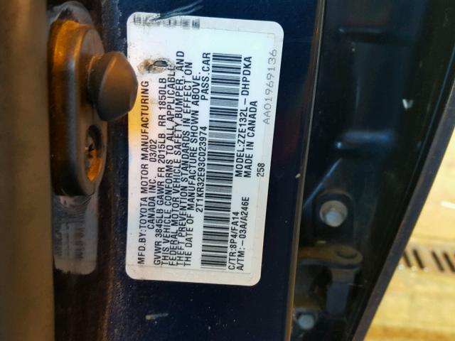 2T1KR32E93C023974 - 2003 TOYOTA COROLLA MA BLUE photo 10