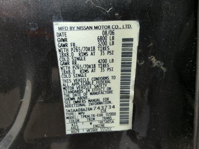 5N1AA08A26N743734 - 2006 NISSAN ARMADA SE CHARCOAL photo 10