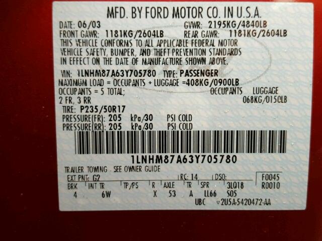 1LNHM87A63Y705780 - 2003 LINCOLN LS RED photo 10