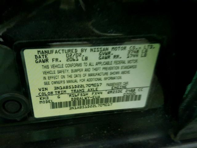 3N1AB51D22L709017 - 2002 NISSAN SENTRA SE- BLACK photo 10