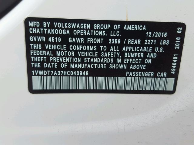 1VWDT7A37HC040948 - 2017 VOLKSWAGEN PASSAT R-L WHITE photo 10