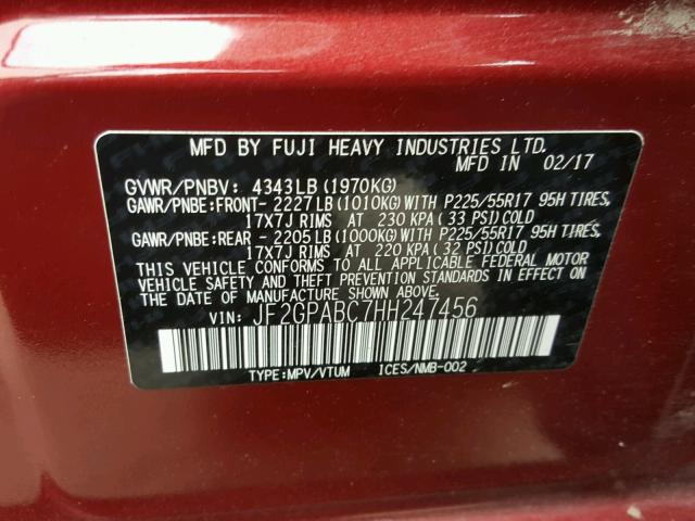 JF2GPABC7HH247456 - 2017 SUBARU CROSSTREK ბურგუნდია ფოტო 10