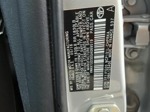 VNKKTUD30GA069519 - 2016 TOYOTA YARIS L SILVER photo 10