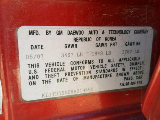 KL1TD56668B019590 - 2008 CHEVROLET AVEO BASE Rouge photo 10