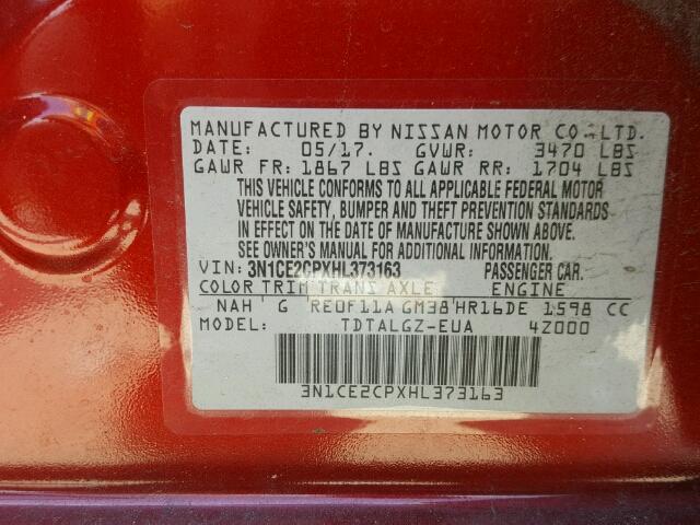 3N1CE2CPXHL373163 - 2017 NISSAN VERSA NOTE BURGUNDY photo 10