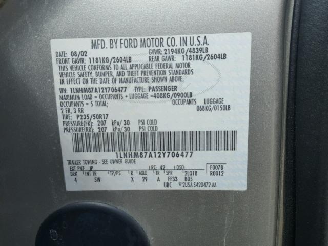 1LNHM87A12Y706477 - 2002 LINCOLN LS SILVER photo 10