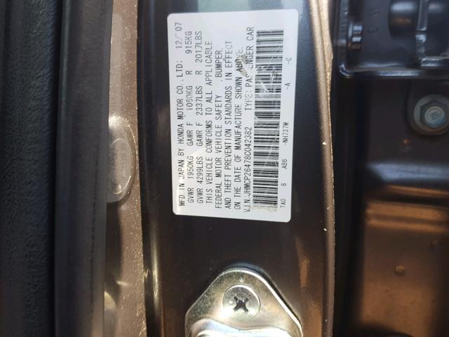 JHMCP26478C042382 - 2008 HONDA ACCORD LXP GRAY photo 10