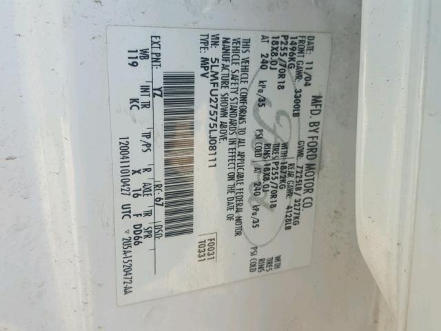 5LMFU27575LJ08111 - 2005 LINCOLN NAVIGATOR WHITE photo 10