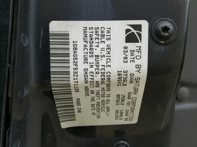 1G8AG52F53Z171125 - 2003 SATURN ION LEVEL BLACK photo 10