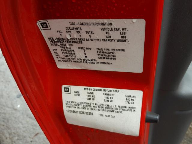 1G2NE52T1XM700239 - 1999 PONTIAC GRAND AM S Qırmızı foto 10