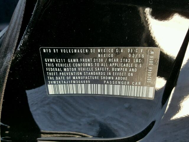 3VW2K7AJ1FM304699 - 2015 VOLKSWAGEN JETTA BASE 黑色 照片 10