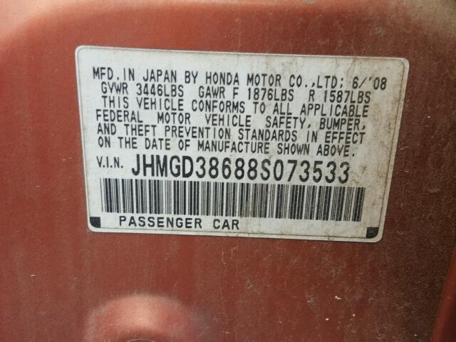 JHMGD38688S073533 - 2008 HONDA FIT SPORT ORANGE photo 10