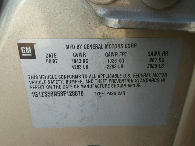 1G1ZS58N58F128878 - 2008 CHEVROLET MALIBU LS 棕色 照片 10