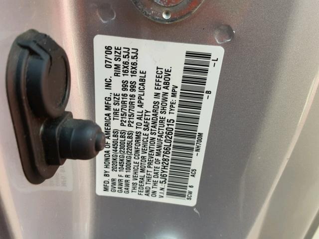 5J6YH28766L026015 - 2006 HONDA ELEMENT EX SILVER photo 10