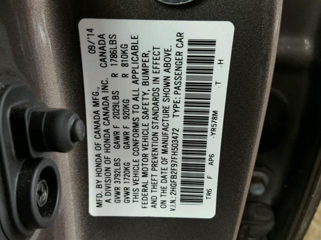 2HGFB2F97FH503472 - 2015 HONDA CIVIC EXL 棕色 照片 10